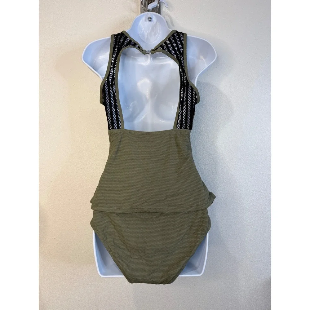 Cupshe Olive Green Ribbed Tankini Set High Neck Mesh Cutout Back Size M